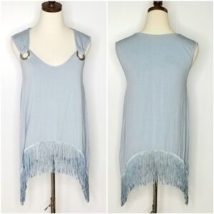 VENUS Blue Gray Fringe Hem Sleeveless Flowy Soft Spring Ringged Strap Medium Top